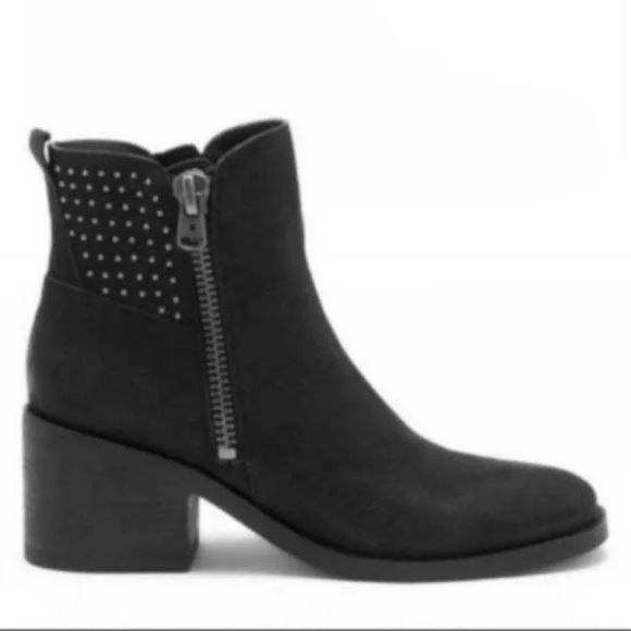 Lucky Brand Kalie Black suede Studded Boho Zip Up Leather Moto Biker Ankle Boots - Picture 1 of 8